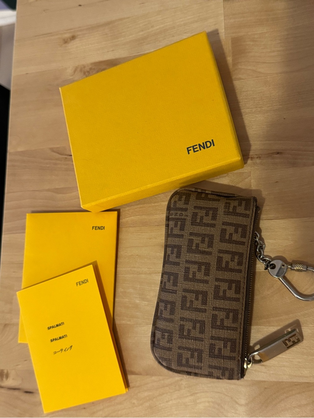 Fendi key case pouch beige brown zucca jacquard canvas zip closure